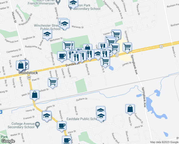 map of restaurants, bars, coffee shops, grocery stores, and more near 41 Stafford Street in Woodstock