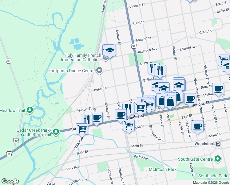 map of restaurants, bars, coffee shops, grocery stores, and more near 83 Oxford Street in Woodstock