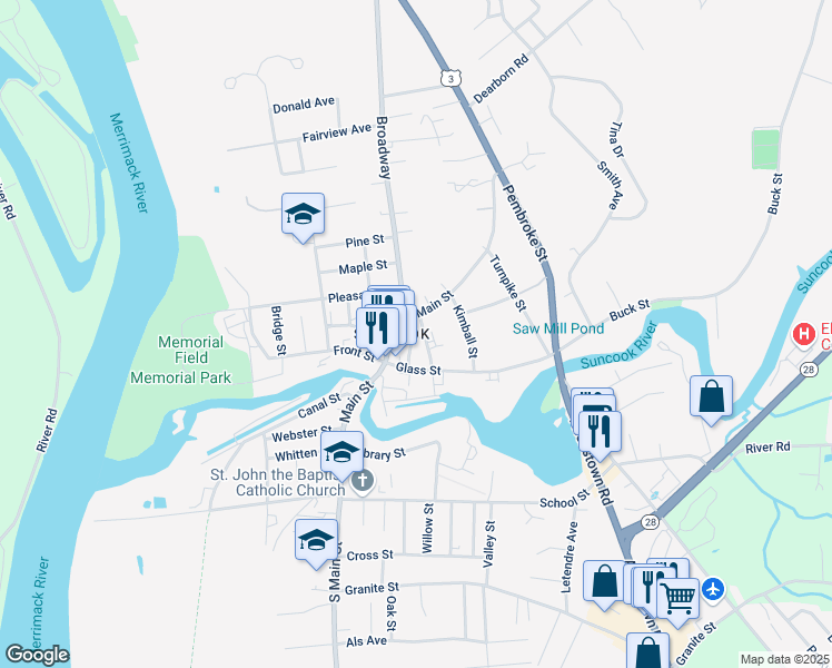 map of restaurants, bars, coffee shops, grocery stores, and more near 36 Church Street in Suncook