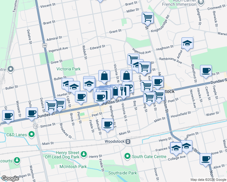 map of restaurants, bars, coffee shops, grocery stores, and more near 539 Dundas Street in Woodstock