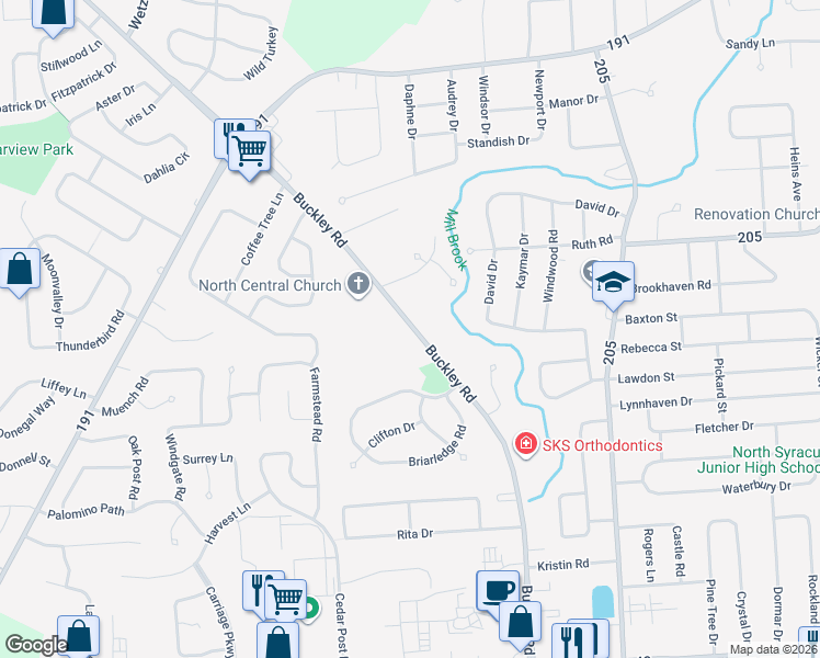 map of restaurants, bars, coffee shops, grocery stores, and more near 7423 Buckley Road in Syracuse