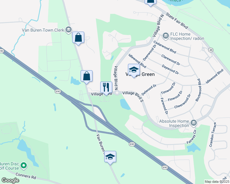 map of restaurants, bars, coffee shops, grocery stores, and more near 1 Village Boulevard North in Baldwinsville