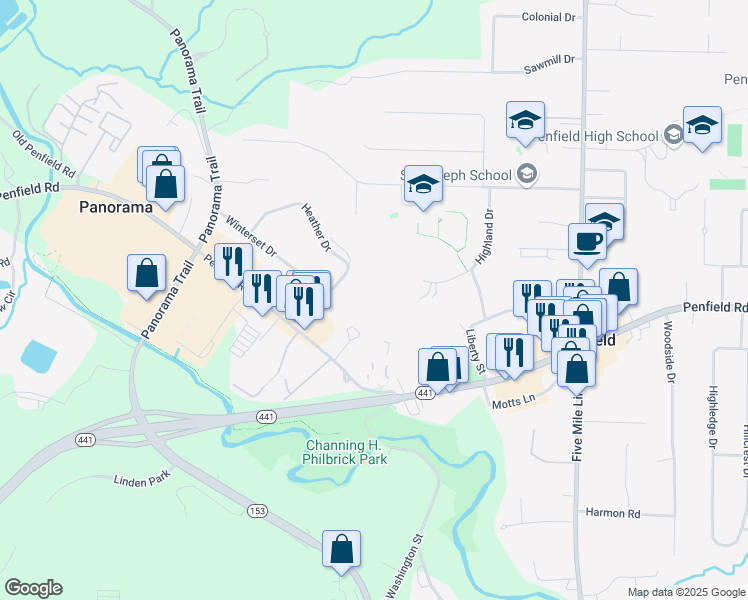 map of restaurants, bars, coffee shops, grocery stores, and more near 1730-B Penfield Road in Penfield