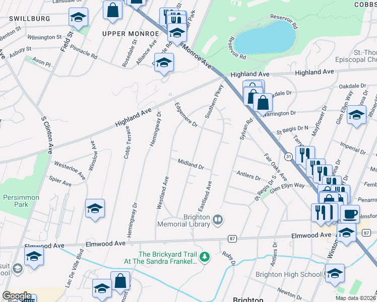 map of restaurants, bars, coffee shops, grocery stores, and more near 85 Southern Parkway in Rochester