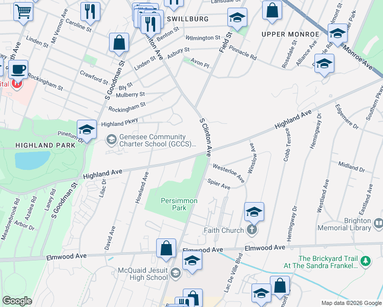 map of restaurants, bars, coffee shops, grocery stores, and more near 799 Highland Avenue in Brighton