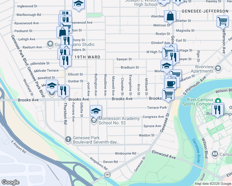 map of restaurants, bars, coffee shops, grocery stores, and more near 342 Brooks Avenue in Rochester