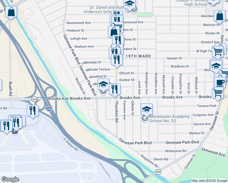 map of restaurants, bars, coffee shops, grocery stores, and more near 606 Brooks Avenue in Rochester
