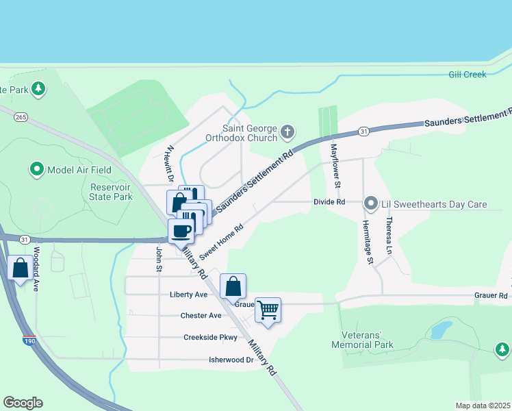 map of restaurants, bars, coffee shops, grocery stores, and more near 5221 Sweet Home Road in Niagara Falls