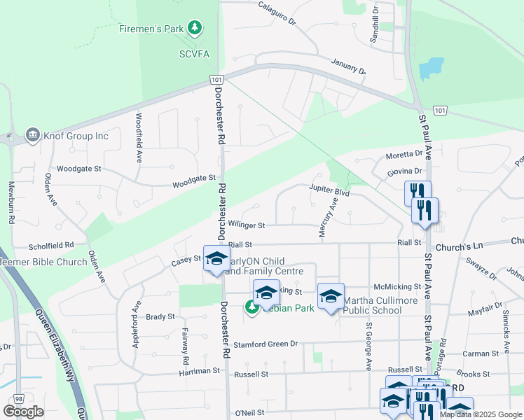 map of restaurants, bars, coffee shops, grocery stores, and more near 6753 Wilinger Street in Niagara Falls