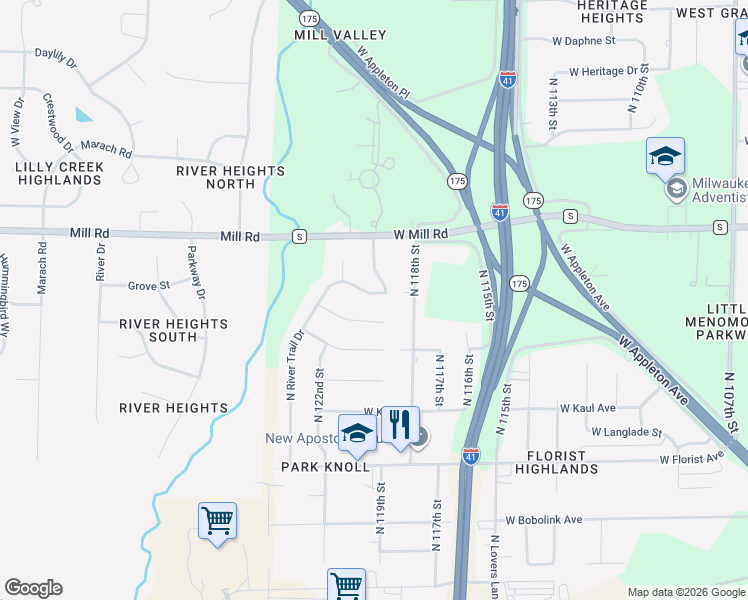 map of restaurants, bars, coffee shops, grocery stores, and more near 11900 West Douglas Avenue in Milwaukee