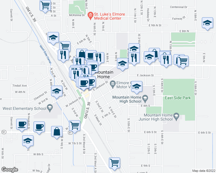 map of restaurants, bars, coffee shops, grocery stores, and more near 150 S 4th E in Mountain Home