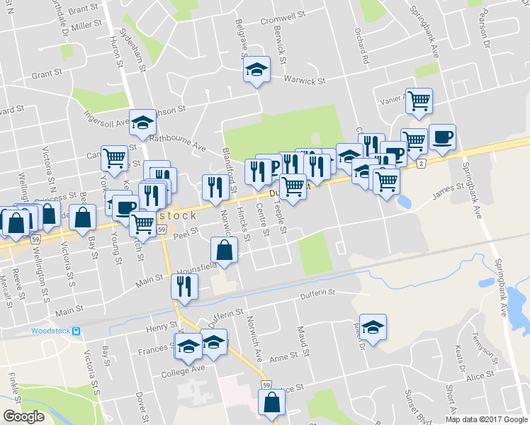 map of restaurants, bars, coffee shops, grocery stores, and more near 23 Centre Street in Woodstock