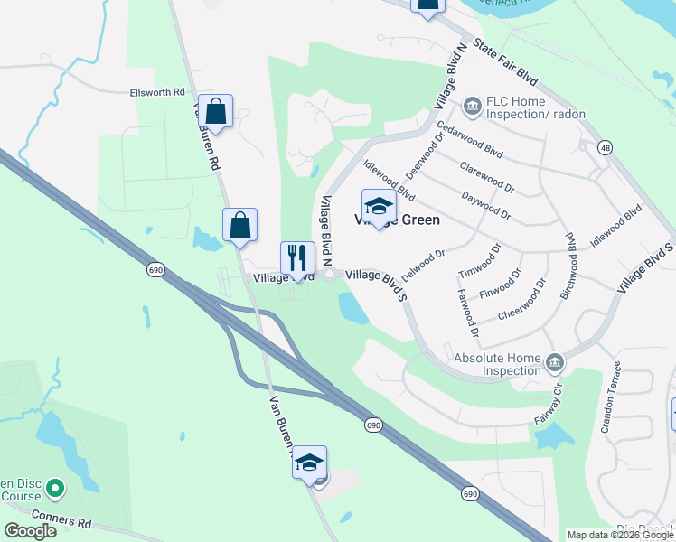 map of restaurants, bars, coffee shops, grocery stores, and more near 101 Village Boulevard in Baldwinsville