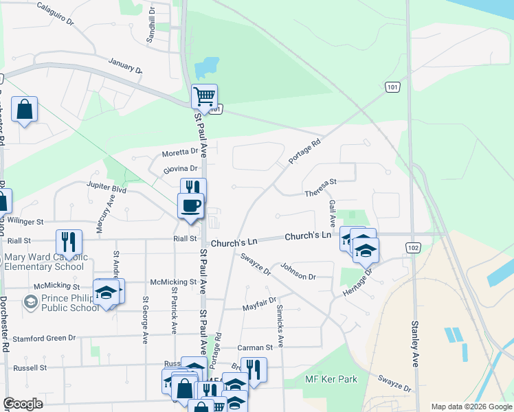map of restaurants, bars, coffee shops, grocery stores, and more near 6015 Church's Lane in Niagara Falls