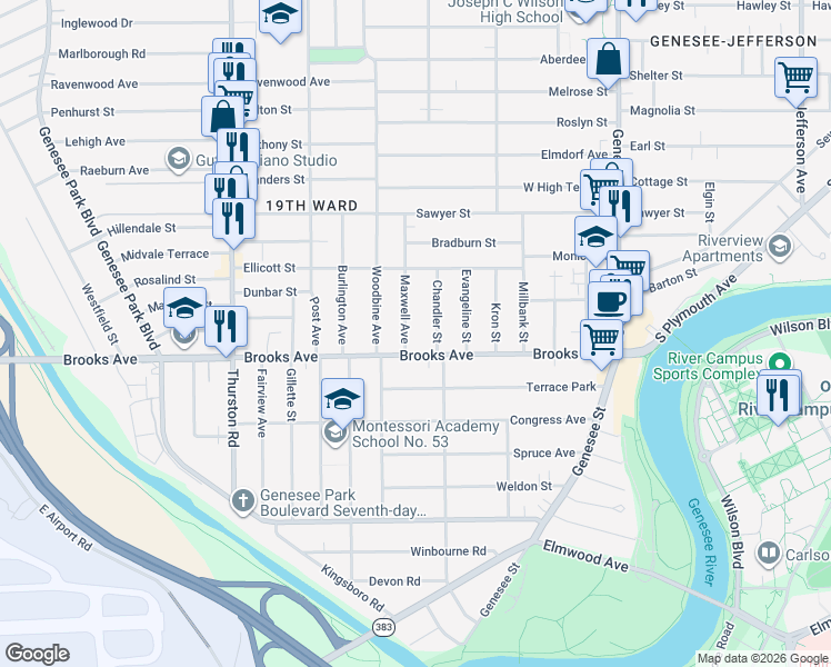 map of restaurants, bars, coffee shops, grocery stores, and more near 342 Brooks Avenue in Rochester