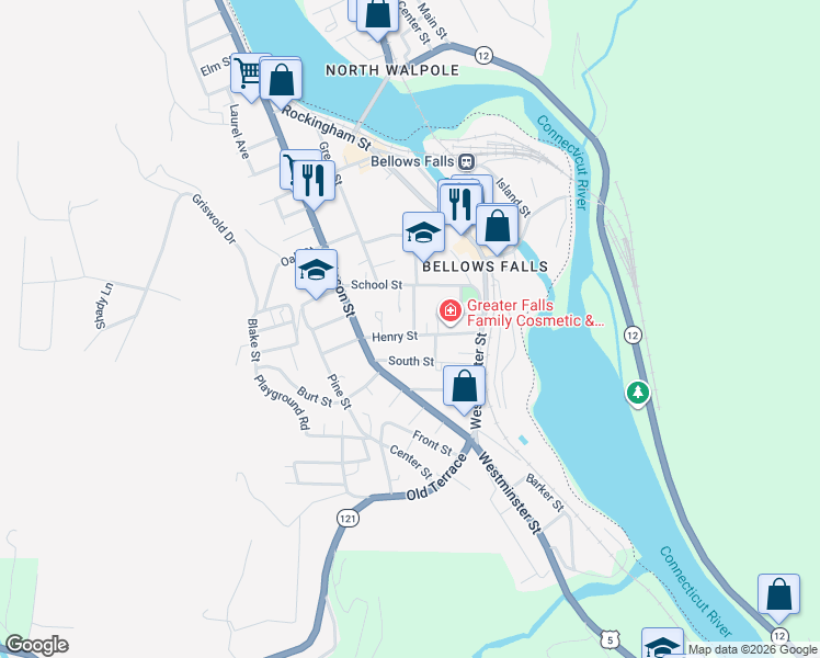 map of restaurants, bars, coffee shops, grocery stores, and more near 23 South Street in Town of Rockingham