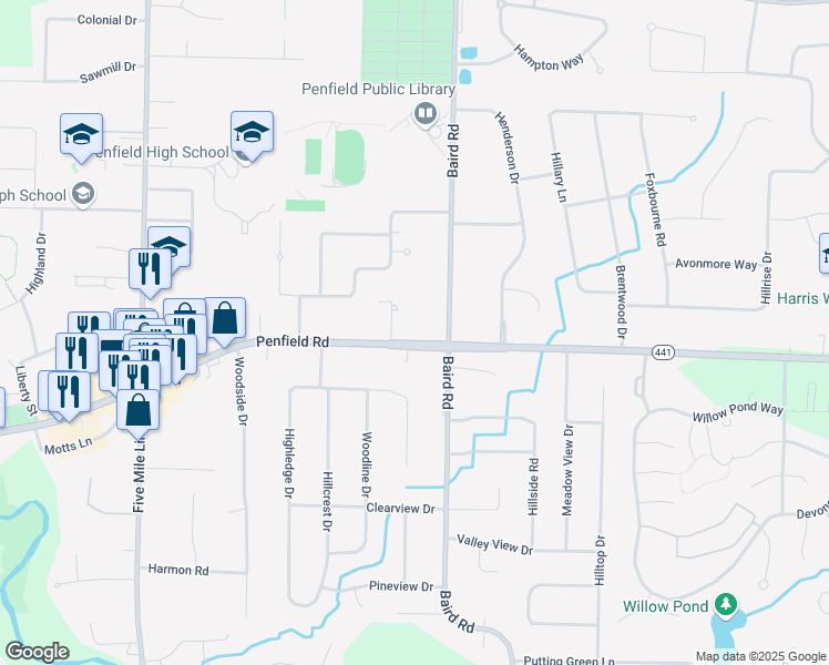 map of restaurants, bars, coffee shops, grocery stores, and more near 1932 Penfield Road in Penfield