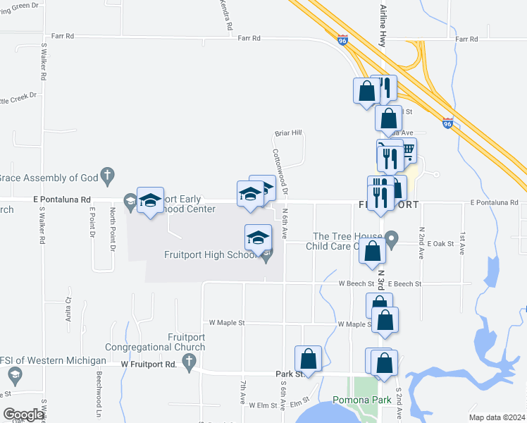 map of restaurants, bars, coffee shops, grocery stores, and more near 3255 East Pontaluna Road in Fruitport Charter Township