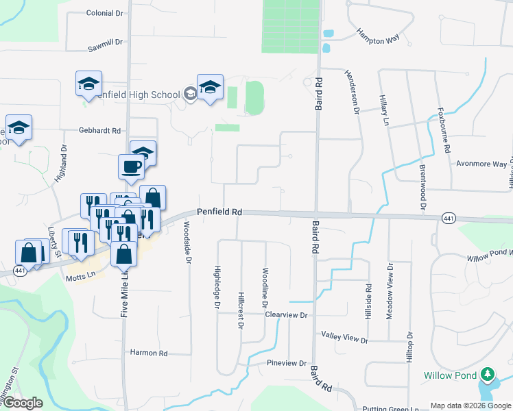 map of restaurants, bars, coffee shops, grocery stores, and more near 1908 Penfield Road in Penfield