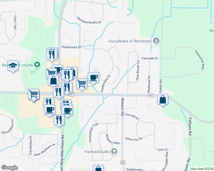 map of restaurants, bars, coffee shops, grocery stores, and more near 2254 Penfield Road in Penfield