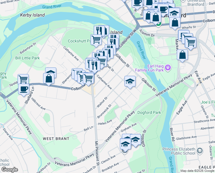 map of restaurants, bars, coffee shops, grocery stores, and more near in Brantford