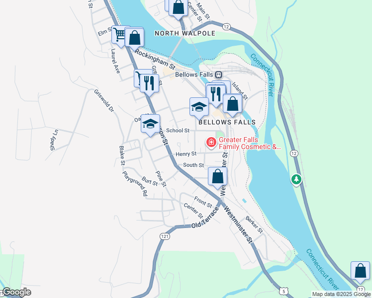 map of restaurants, bars, coffee shops, grocery stores, and more near 23 South Street in Town of Rockingham