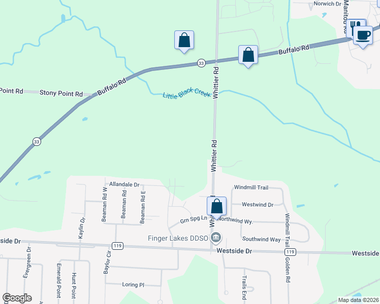 map of restaurants, bars, coffee shops, grocery stores, and more near 40 Whittier Road in Rochester