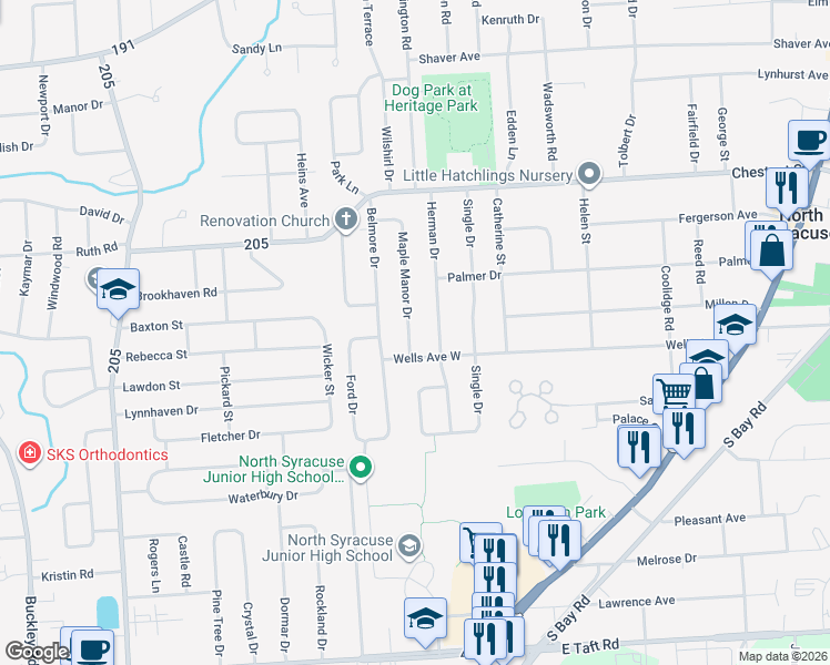 map of restaurants, bars, coffee shops, grocery stores, and more near 413 Wells Avenue West in Syracuse