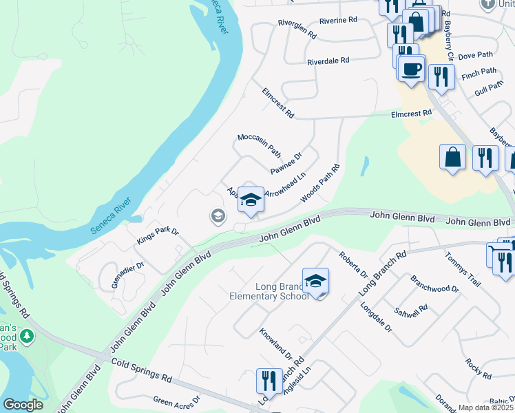 map of restaurants, bars, coffee shops, grocery stores, and more near 7480 Apache Lane in Liverpool