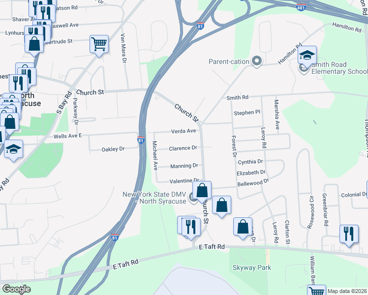 map of restaurants, bars, coffee shops, grocery stores, and more near 126 Manning Drive in Syracuse