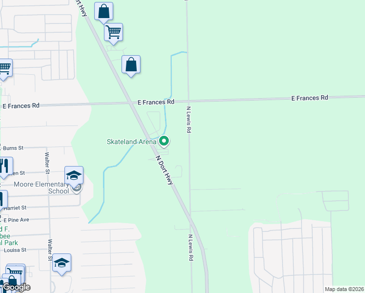 map of restaurants, bars, coffee shops, grocery stores, and more near 8439 North Lewis Road in Mount Morris