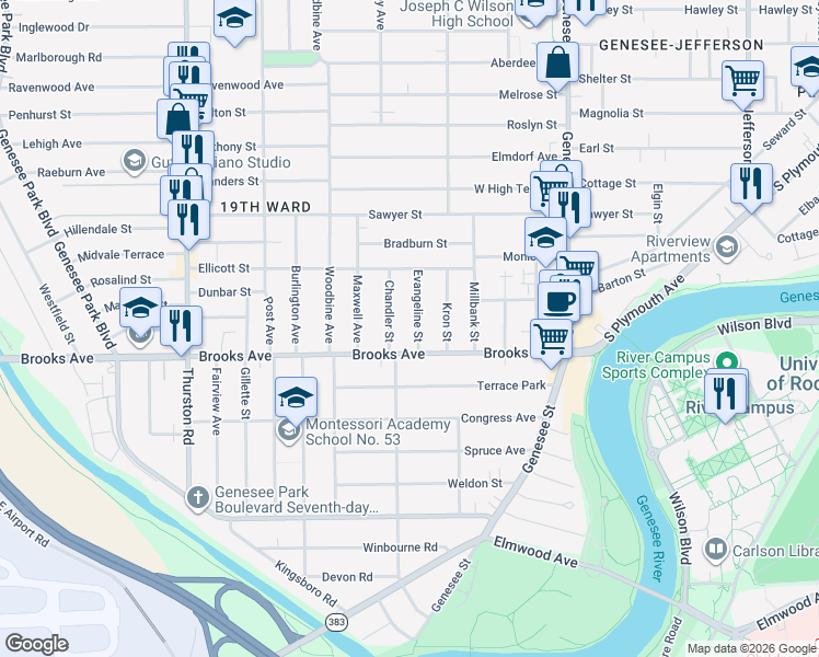 map of restaurants, bars, coffee shops, grocery stores, and more near 42 Evangeline Street in Rochester
