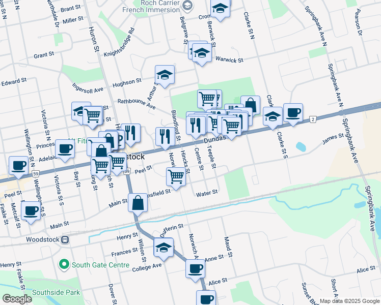 map of restaurants, bars, coffee shops, grocery stores, and more near in Woodstock