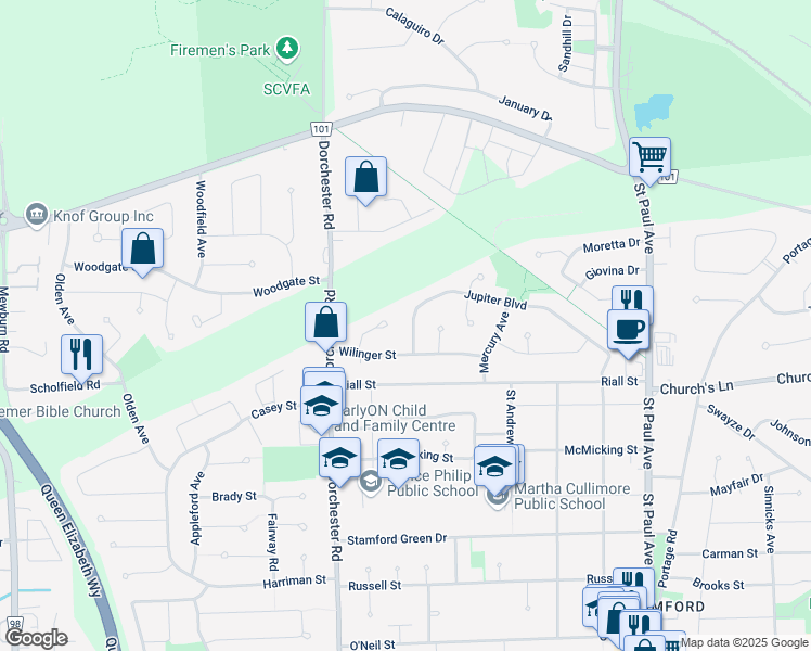 map of restaurants, bars, coffee shops, grocery stores, and more near 6709 Jupiter Boulevard in Niagara Falls