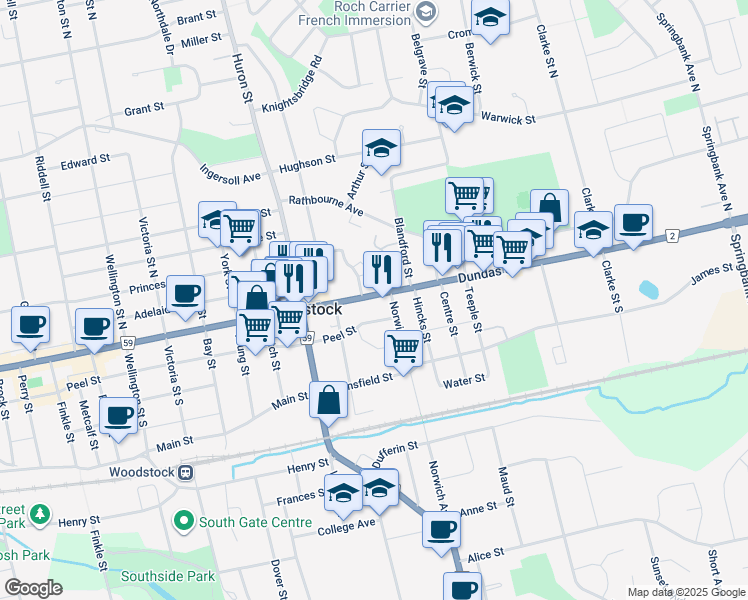 map of restaurants, bars, coffee shops, grocery stores, and more near 770 Dundas Street in Woodstock