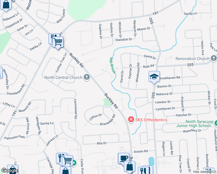 map of restaurants, bars, coffee shops, grocery stores, and more near 7430 Buckley Road in Syracuse