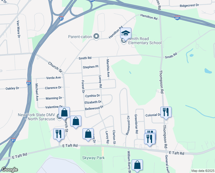map of restaurants, bars, coffee shops, grocery stores, and more near 201 Patricia Lane in Syracuse