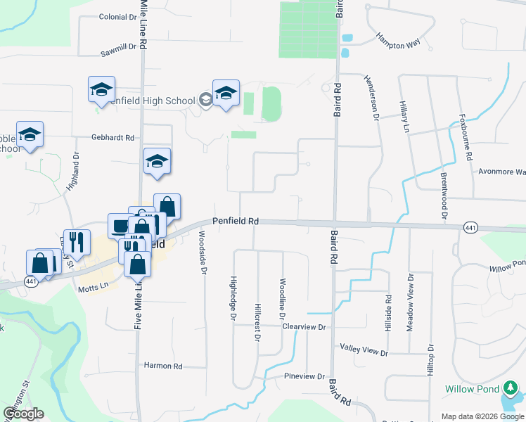 map of restaurants, bars, coffee shops, grocery stores, and more near 35 Peachtree Road in Penfield