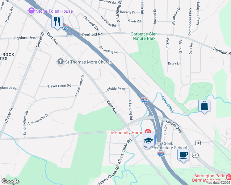map of restaurants, bars, coffee shops, grocery stores, and more near 199 Oak Lane in Rochester