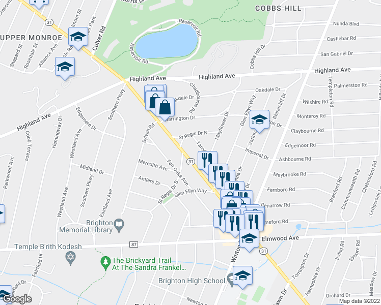 map of restaurants, bars, coffee shops, grocery stores, and more near 23 Tarrytown Road in Rochester