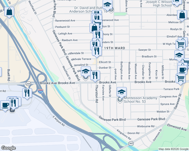 map of restaurants, bars, coffee shops, grocery stores, and more near 34 Margaret Street in Rochester