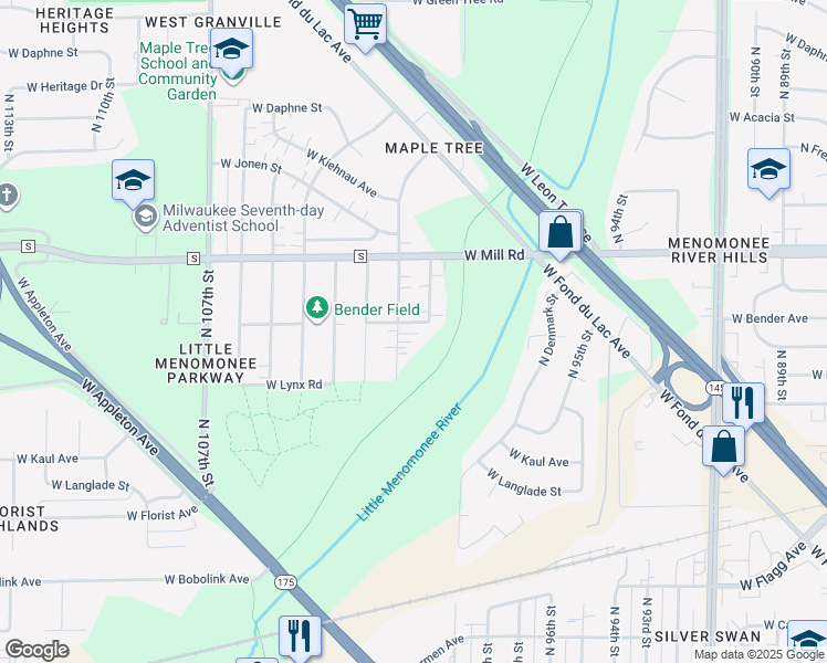 map of restaurants, bars, coffee shops, grocery stores, and more near 6321 North 101st Street in Milwaukee