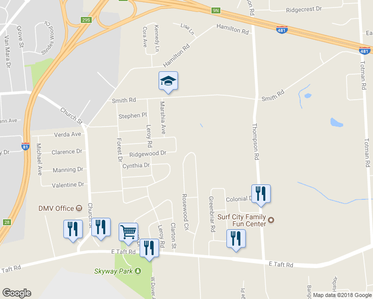 map of restaurants, bars, coffee shops, grocery stores, and more near 7241 Rosewood Circle in Syracuse