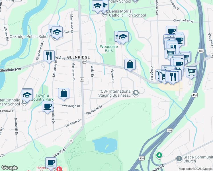map of restaurants, bars, coffee shops, grocery stores, and more near 14 Valerie Drive in St. Catharines