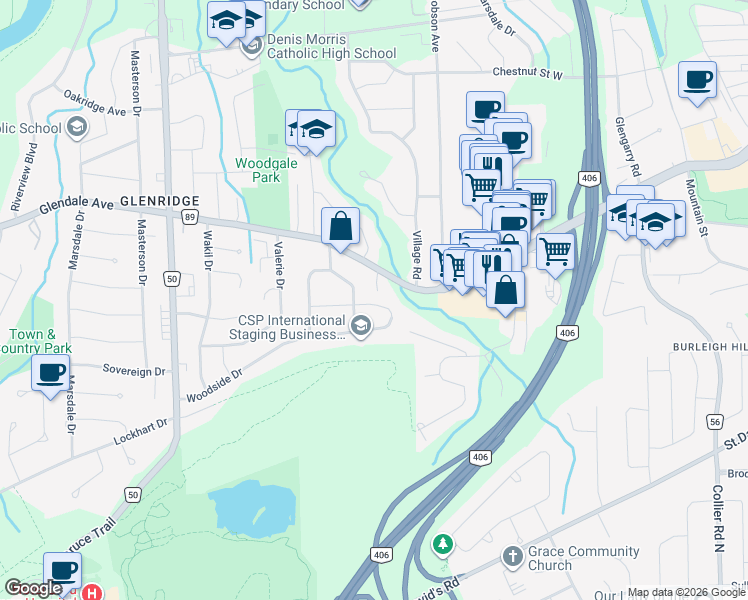 map of restaurants, bars, coffee shops, grocery stores, and more near 19 Glenbarr Road in Saint Catharines
