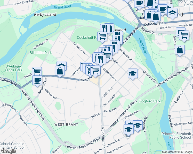 map of restaurants, bars, coffee shops, grocery stores, and more near 130 Colborne Street West in Brantford