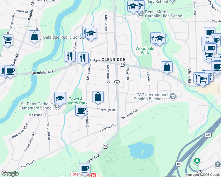 map of restaurants, bars, coffee shops, grocery stores, and more near 83 Masterson Drive in Saint Catharines