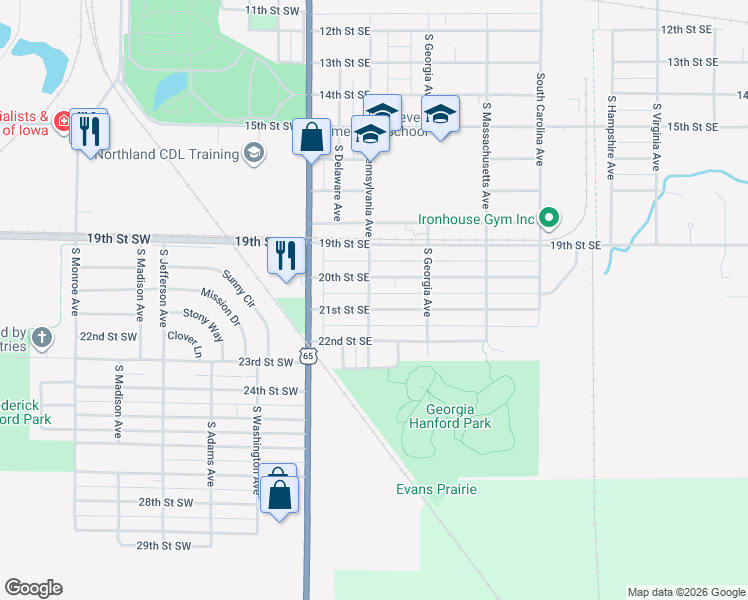 map of restaurants, bars, coffee shops, grocery stores, and more near 207 20th Street Southeast in Mason City