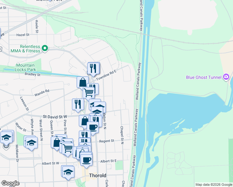 map of restaurants, bars, coffee shops, grocery stores, and more near 78 Welland Street North in Thorold