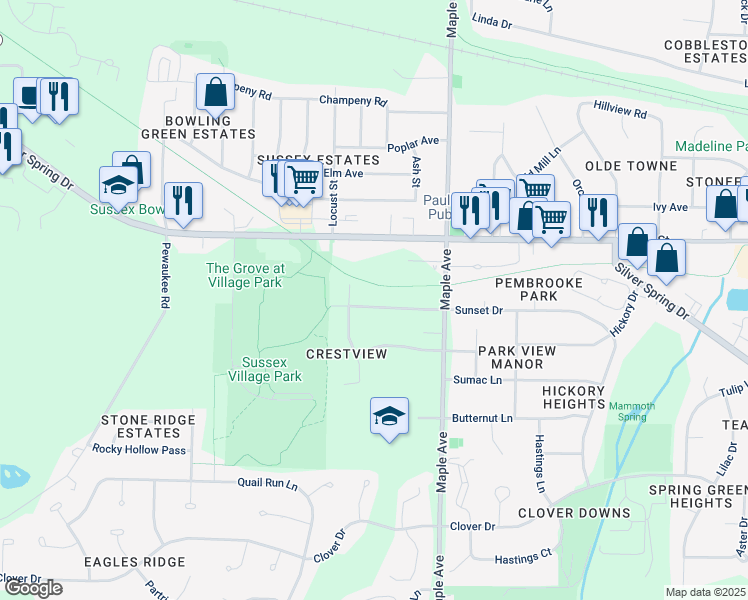 map of restaurants, bars, coffee shops, grocery stores, and more near N62W24154 Sunset Drive in Sussex